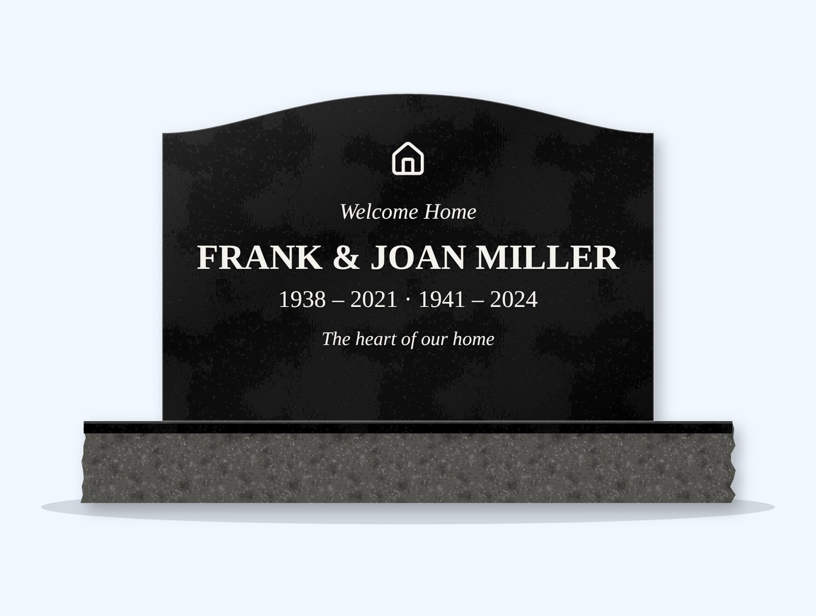 Absolute Black serpentine headstone on a granite base, engraved for Frank and Joan Miller