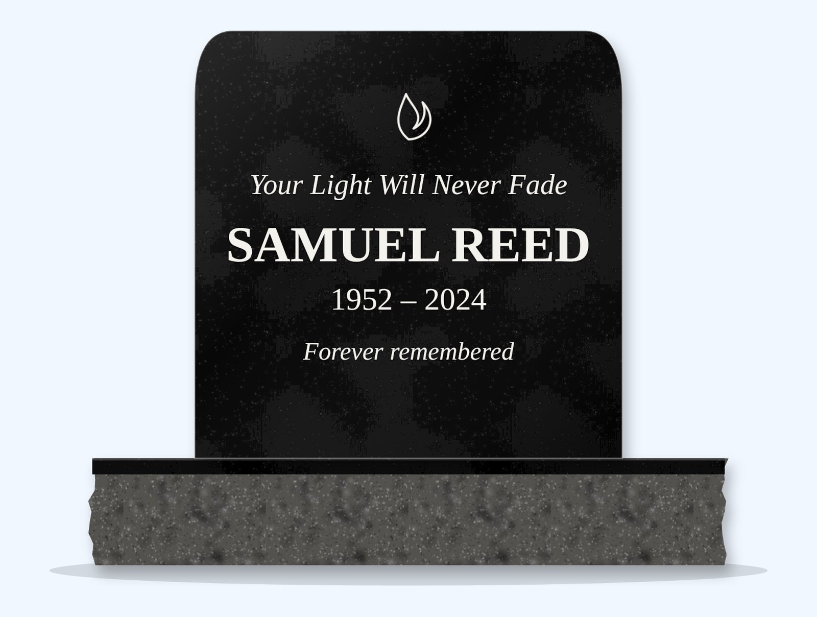 Absolute Black rounded top headstone on a granite base, engraved for Samuel Reed