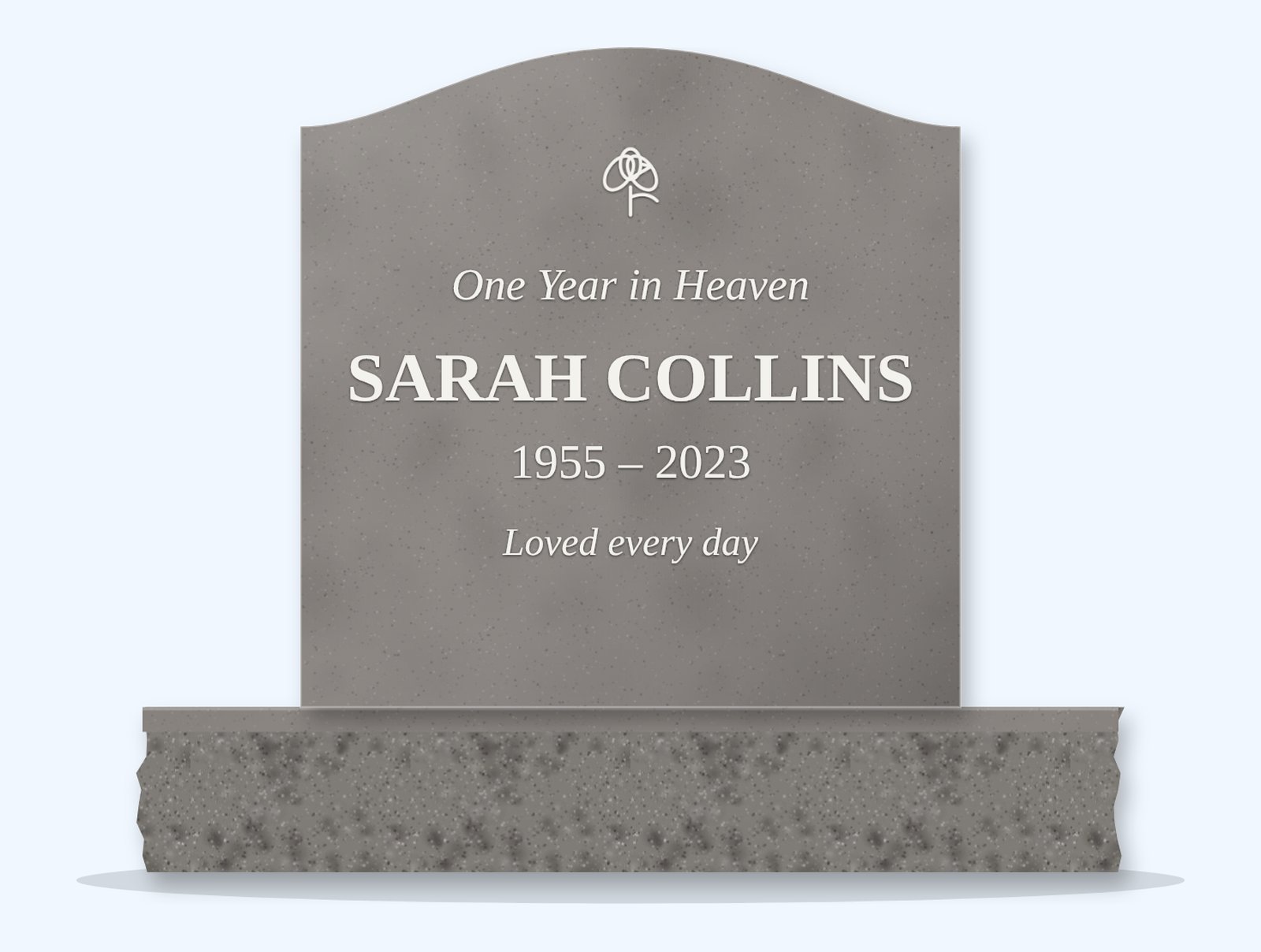 Indian Grey serpentine headstone on a granite base, engraved for Sarah Collins