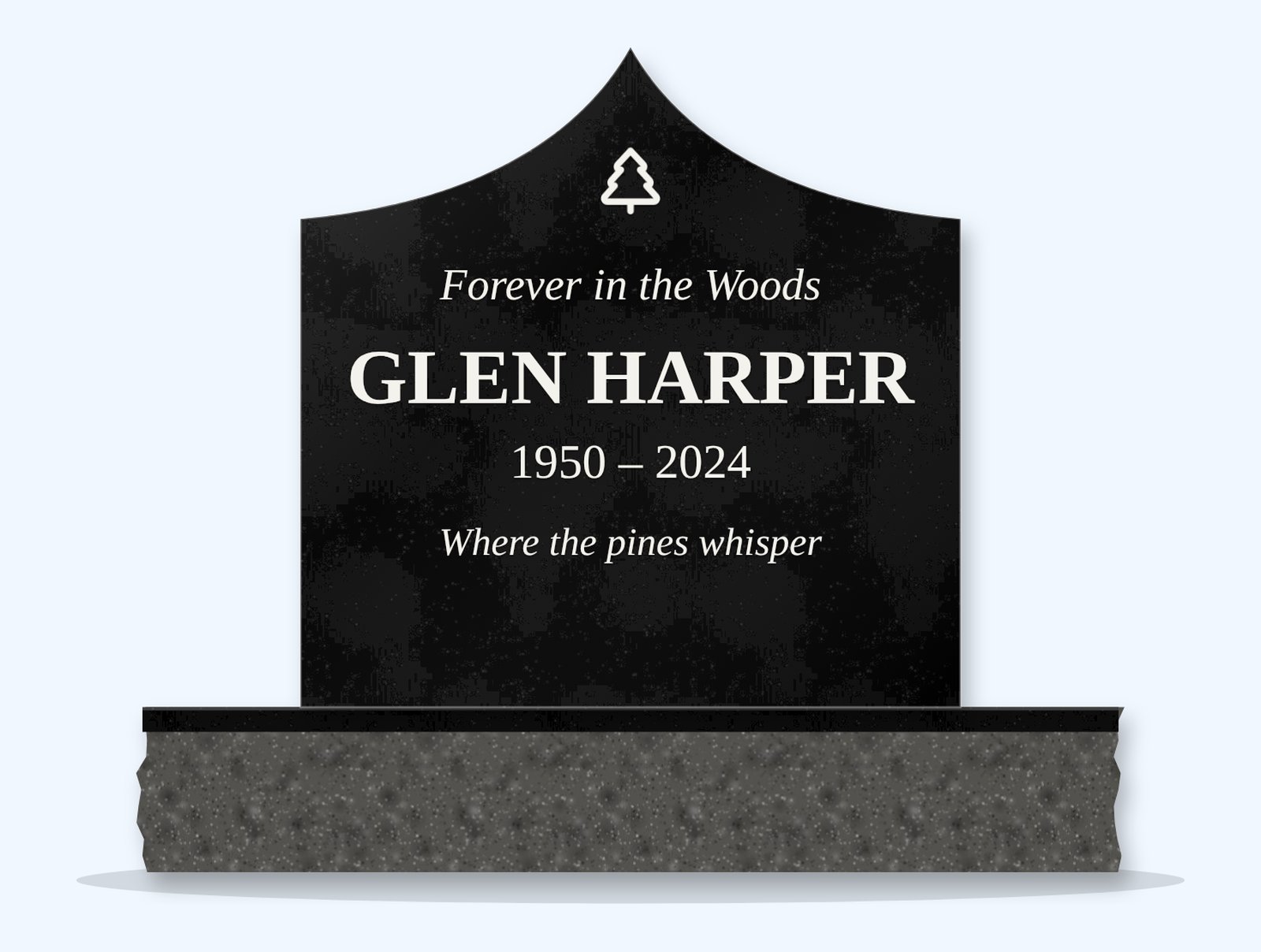 Absolute Black curved gable headstone on a granite base, engraved for Glen Harper