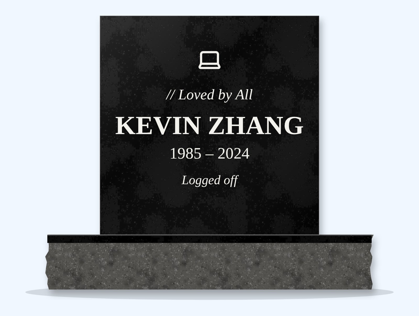 Absolute Black rectangle headstone on a granite base, engraved for Kevin Zhang