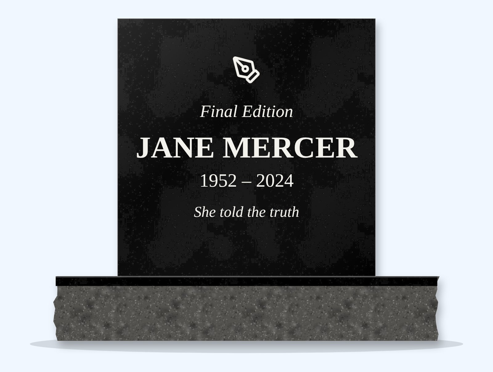 Absolute Black rectangle headstone on a granite base, engraved for Jane Mercer