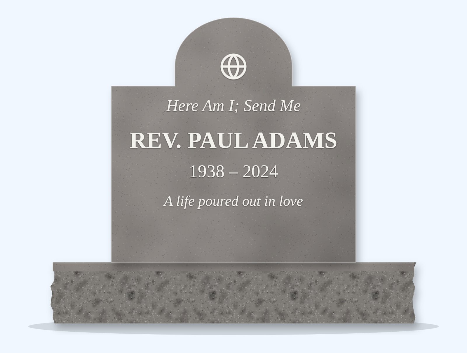 Indian Grey cathedral headstone on a granite base, engraved for Rev. Paul Adams