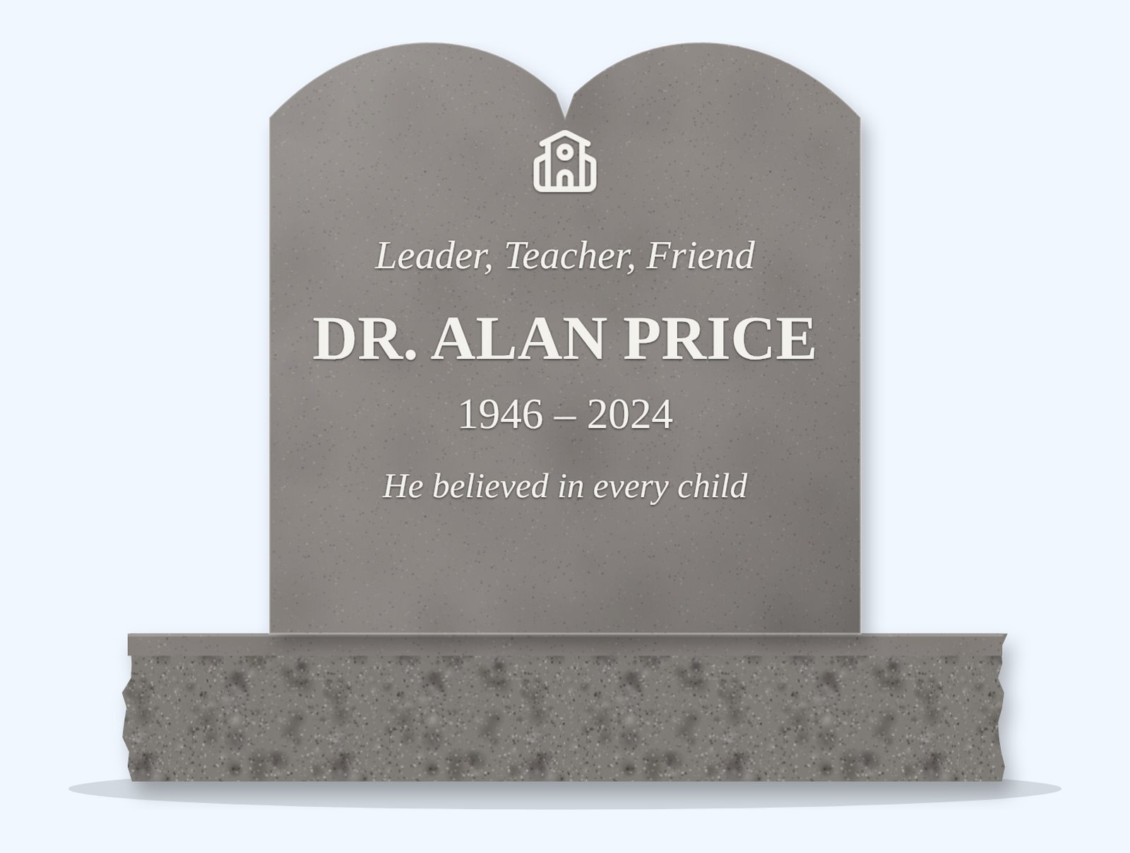 Indian Grey open book headstone on a granite base, engraved for Dr. Alan Price