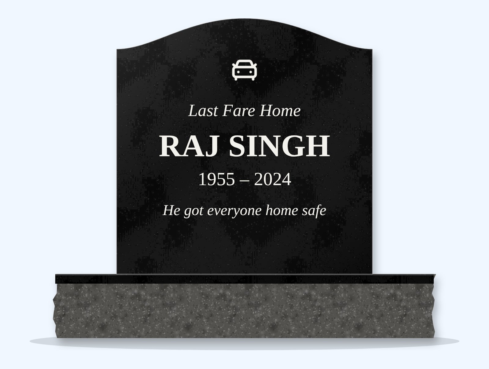 Absolute Black serpentine headstone on a granite base, engraved for Raj Singh