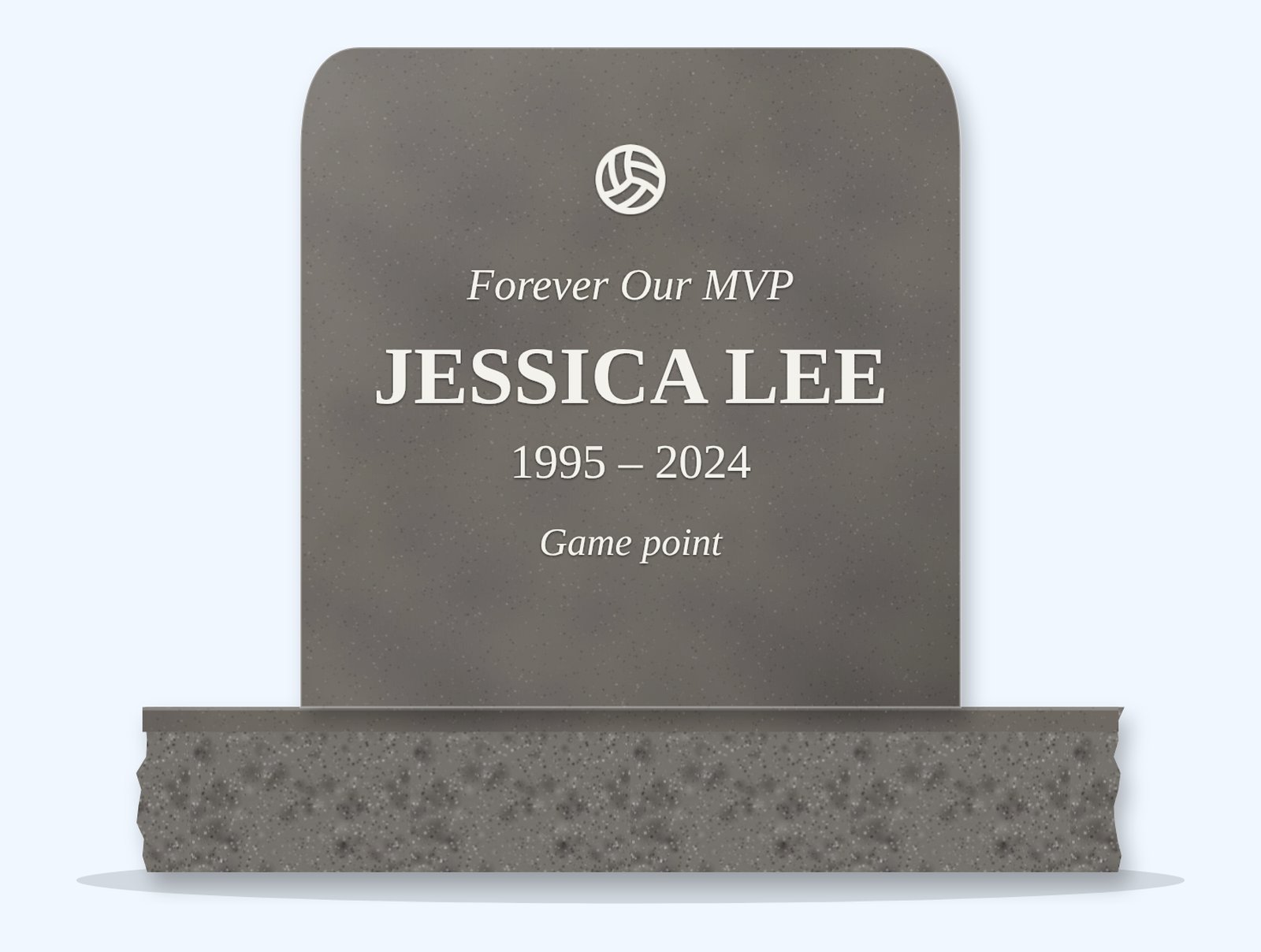 Steel Grey rounded top headstone on a granite base, engraved for Jessica Lee