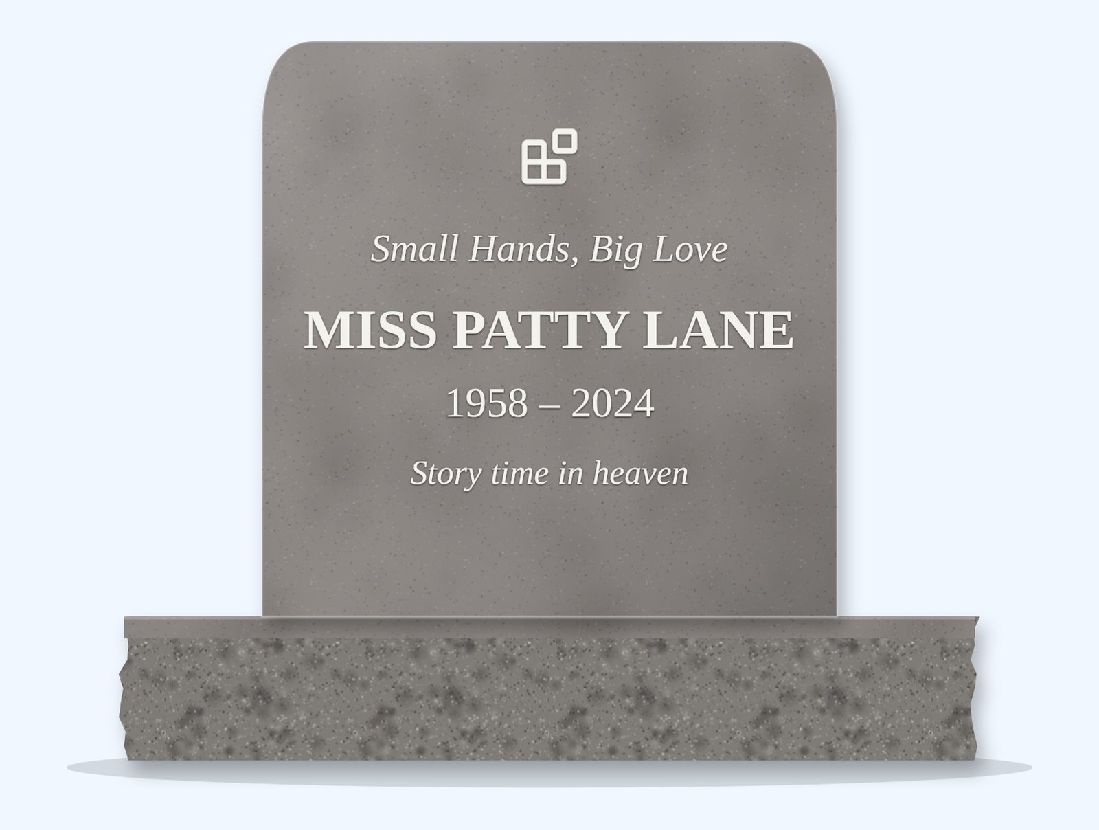 Indian Grey rounded top headstone on a granite base, engraved for Miss Patty Lane