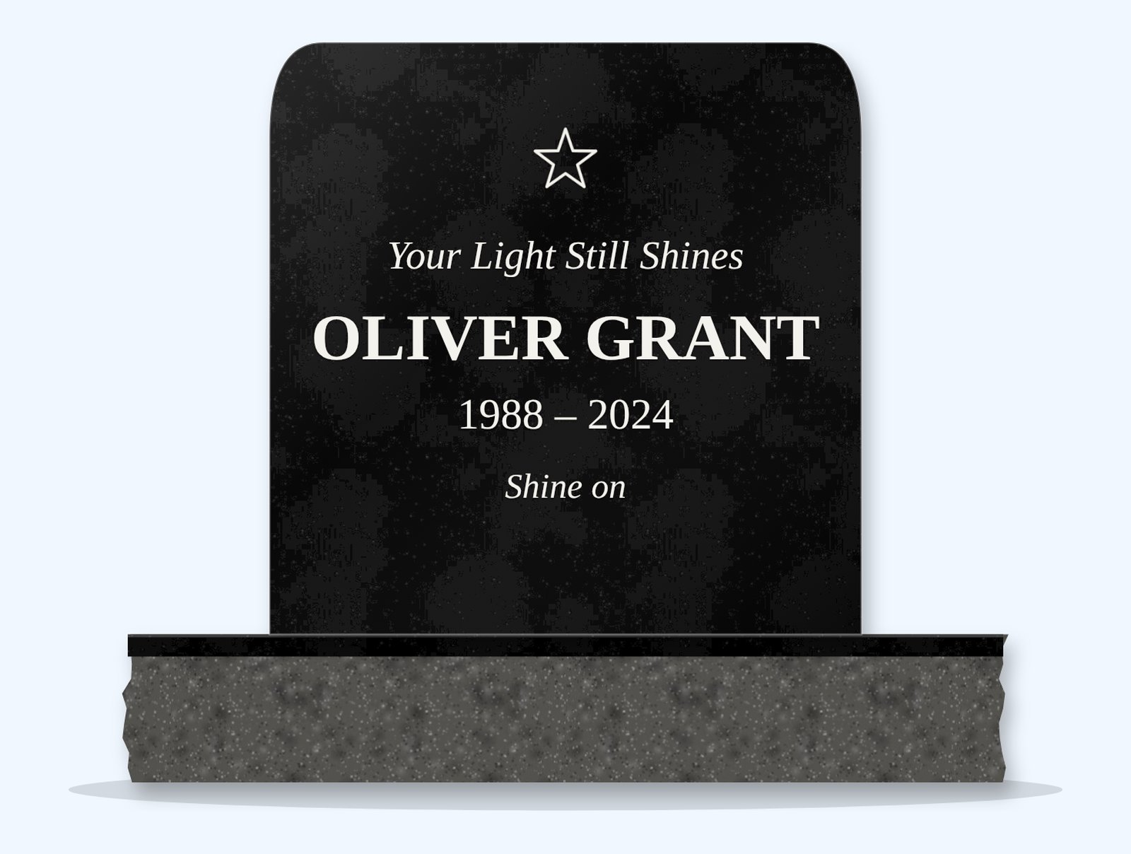 Absolute Black rounded top headstone on a granite base, engraved for Oliver Grant