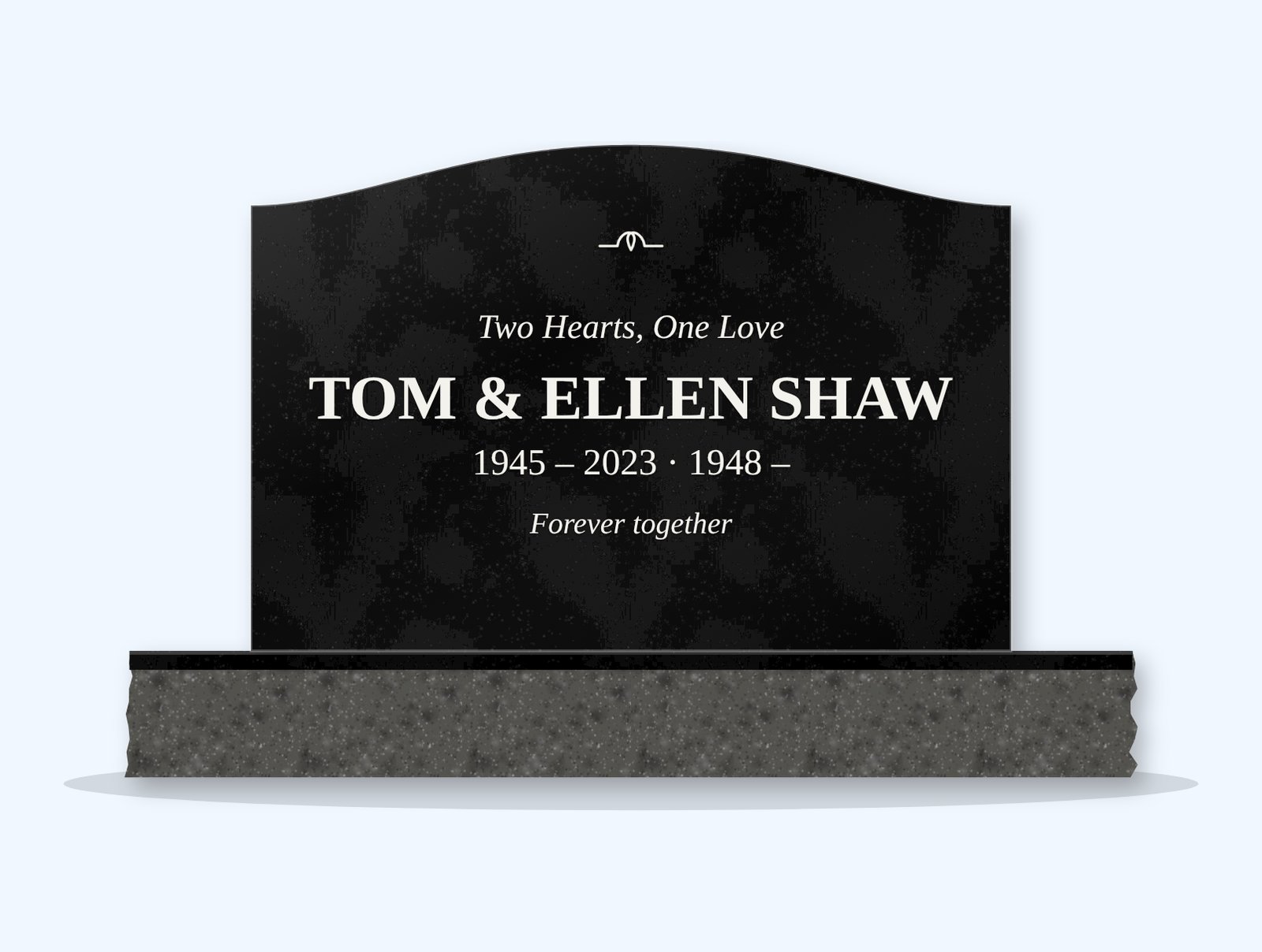 Absolute Black serpentine headstone on a granite base, engraved for Tom and Ellen Shaw
