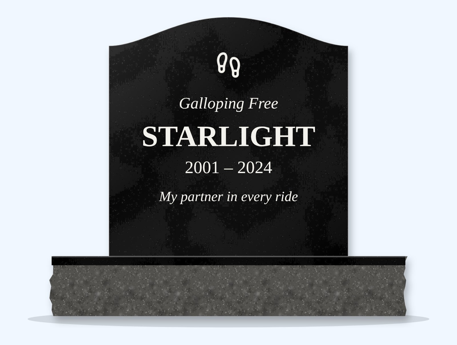 Absolute Black serpentine memorial stone on a granite base, engraved for Starlight