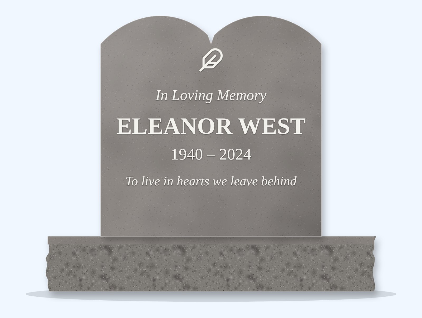 Indian Grey open book headstone on a granite base, engraved for Eleanor West