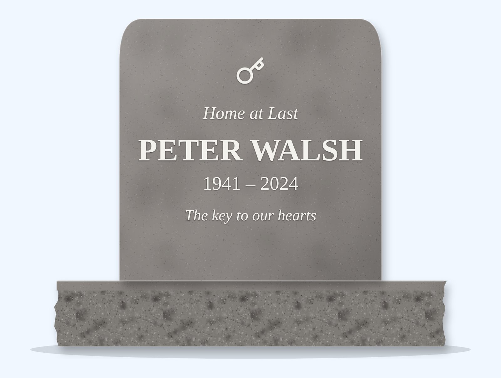 Indian Grey rounded top headstone on a granite base, engraved for Peter Walsh