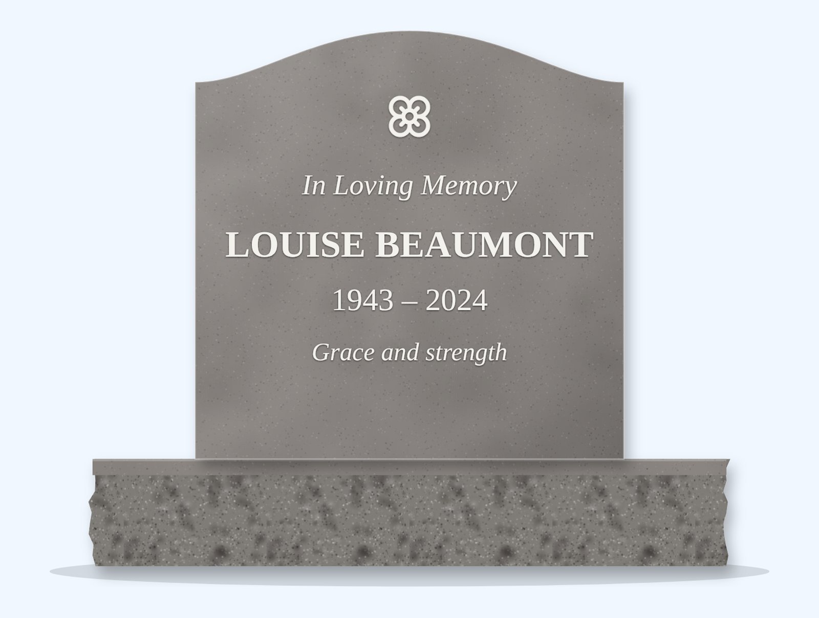 Indian Grey serpentine headstone on a granite base, engraved for Louise Beaumont