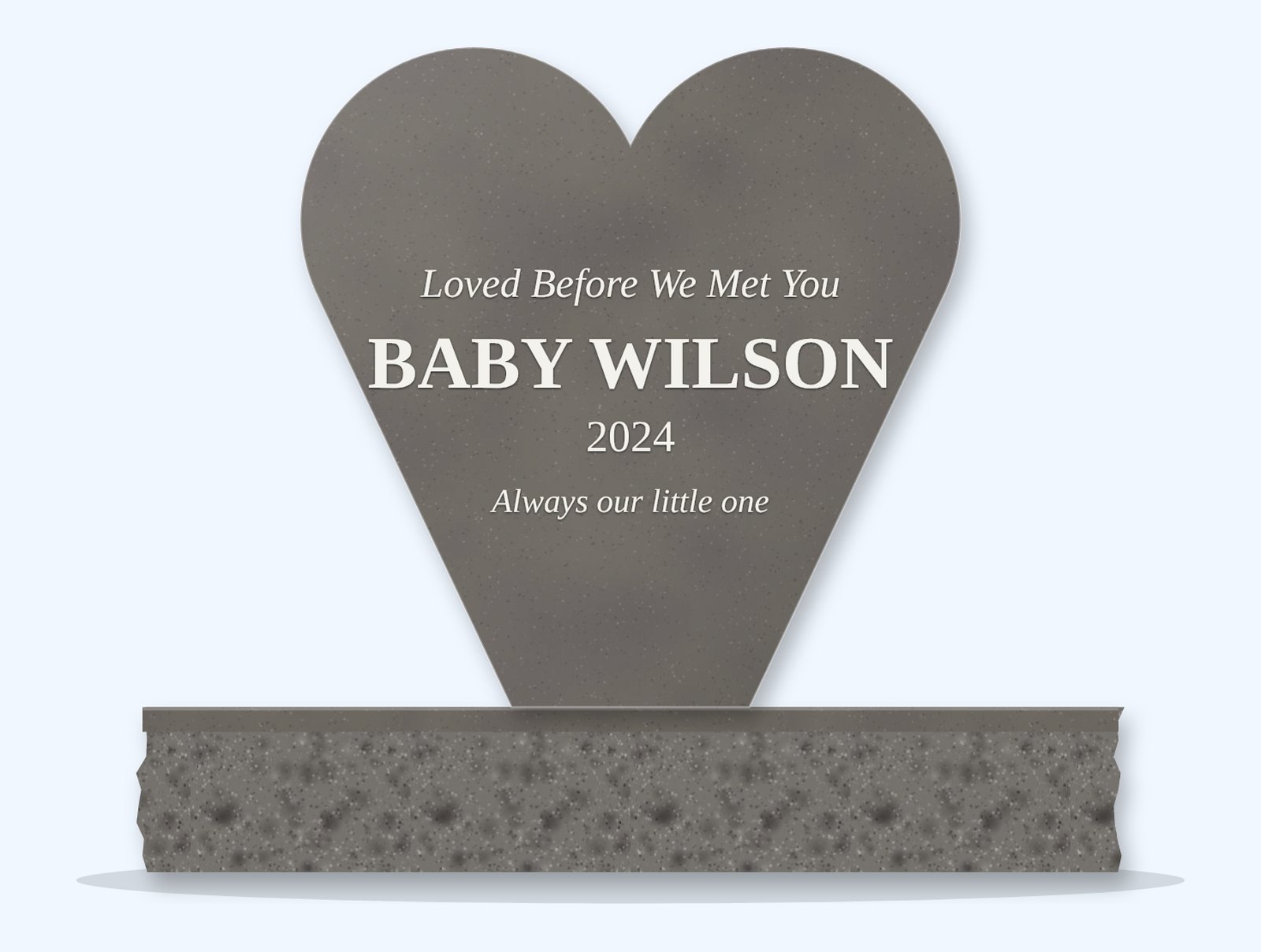 Steel Grey heart headstone on a granite base, engraved for Baby Wilson