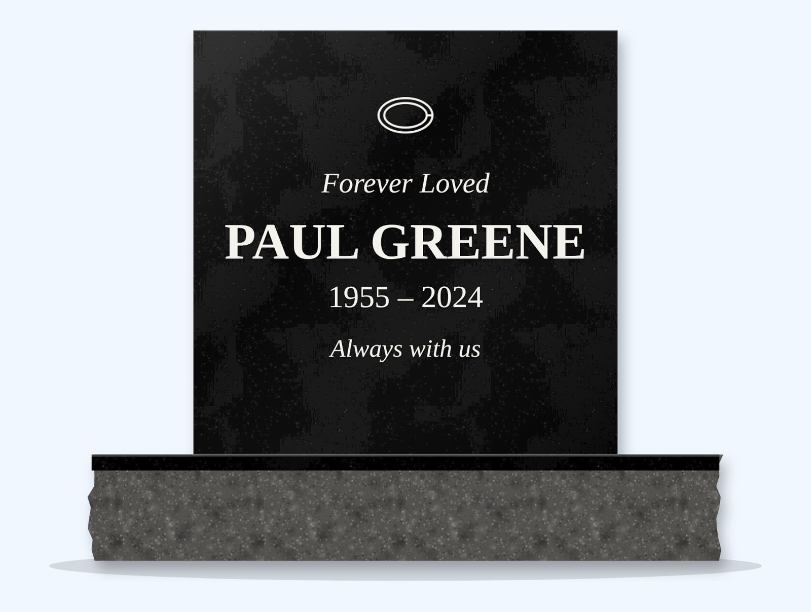 Absolute Black rectangle headstone on a granite base, engraved for Paul Greene