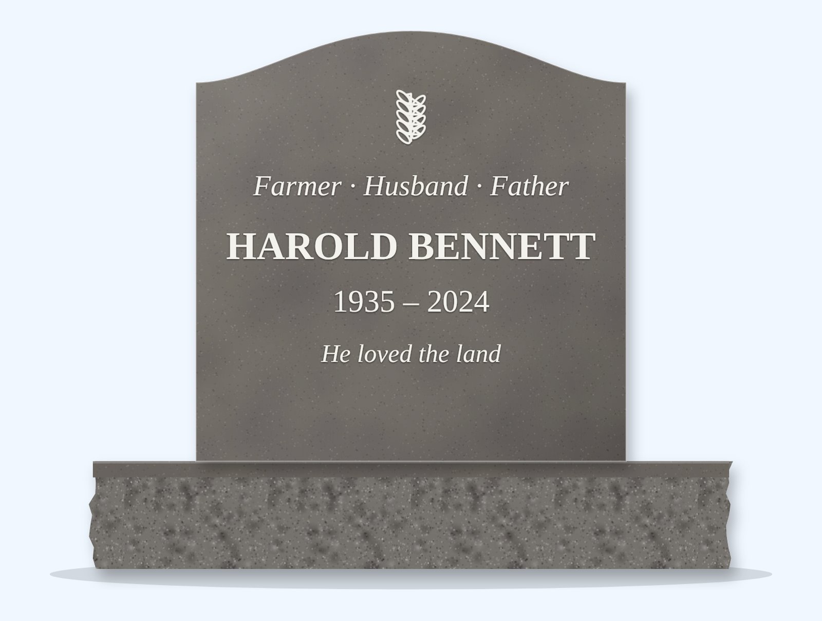 Steel Grey serpentine headstone on a granite base, engraved for Harold Bennett