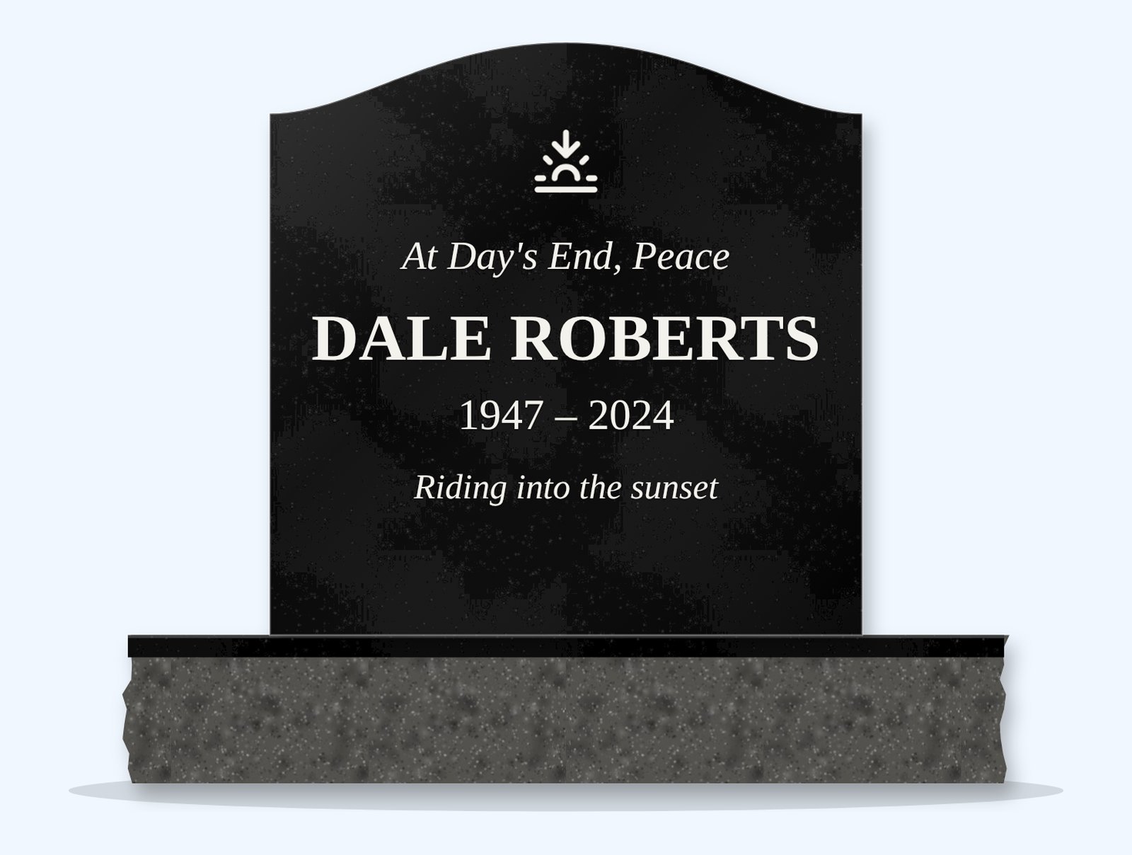 Absolute Black serpentine headstone on a granite base, engraved for Dale Roberts
