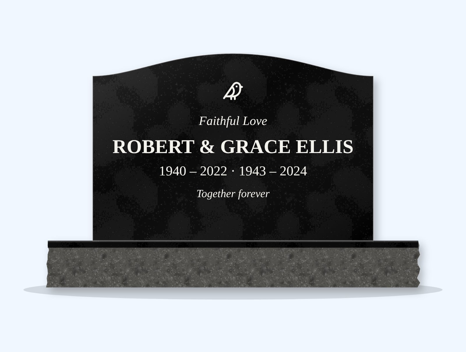 Absolute Black serpentine headstone on a granite base, engraved for Robert and Grace Ellis