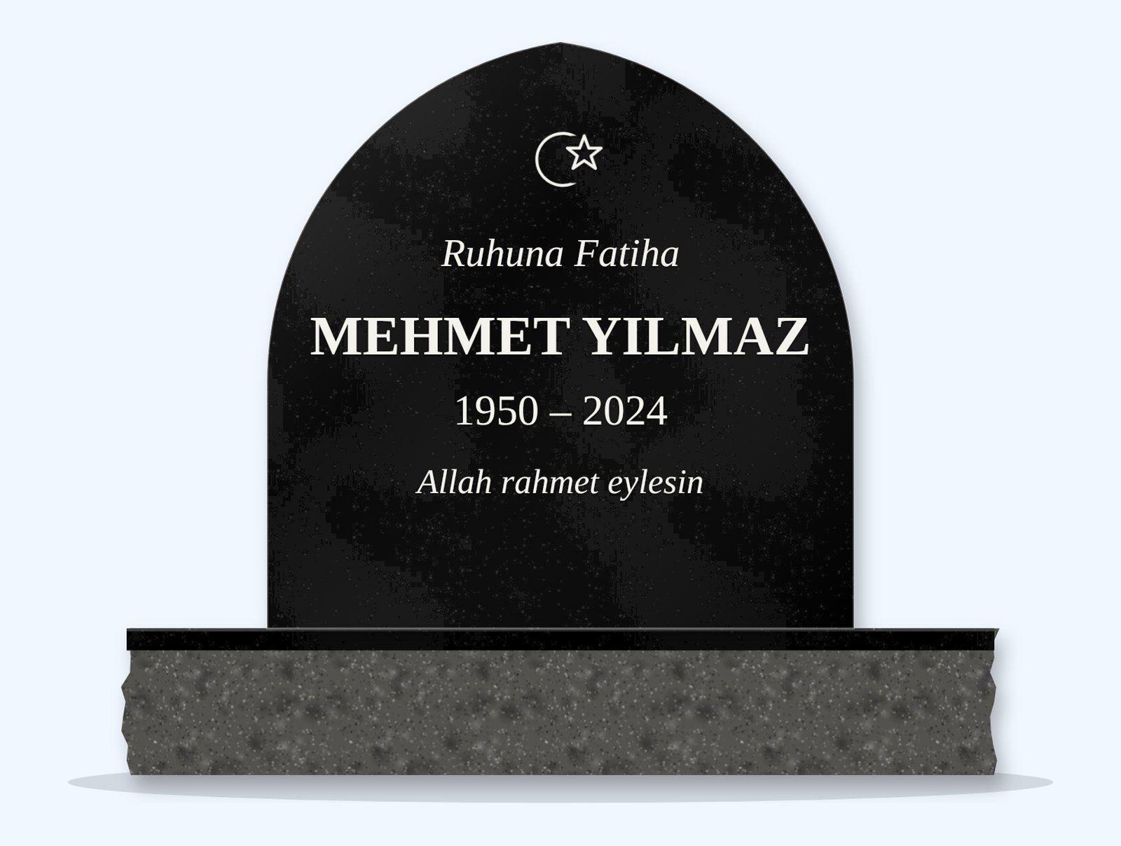 Absolute Black teardrop arch headstone on a granite base, engraved for Mehmet Yilmaz
