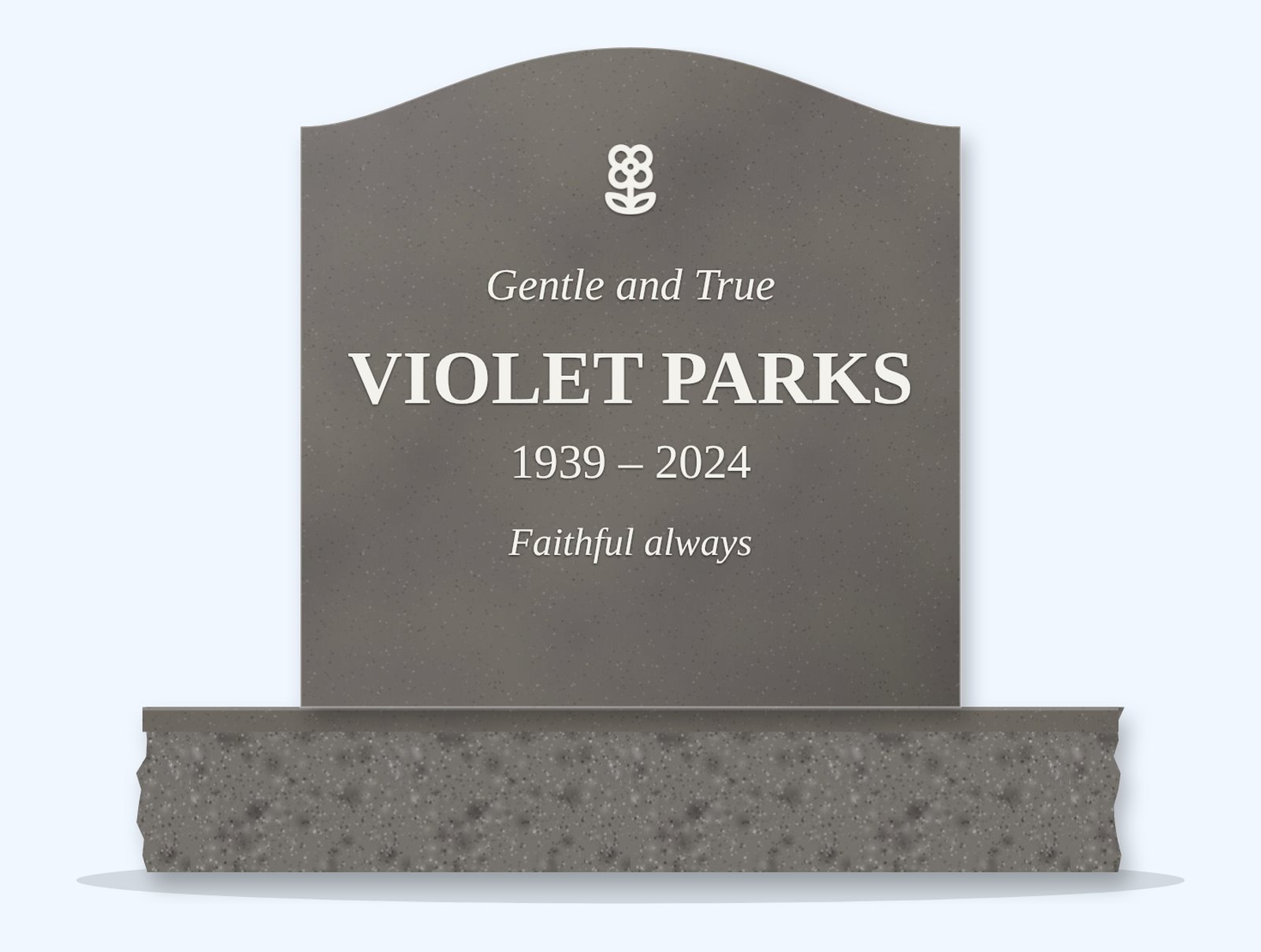 Steel Grey serpentine headstone on a granite base, engraved for Violet Parks