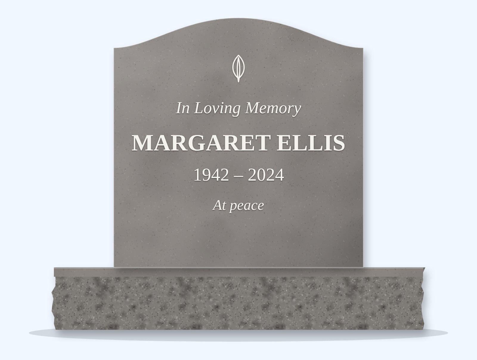Indian Grey serpentine headstone on a granite base, engraved for Margaret Ellis