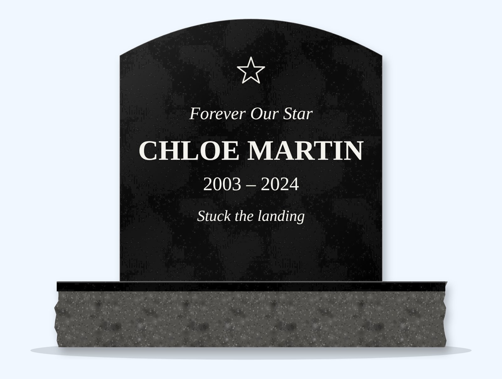 Absolute Black curved-top headstone on a granite base, engraved for Chloe Martin