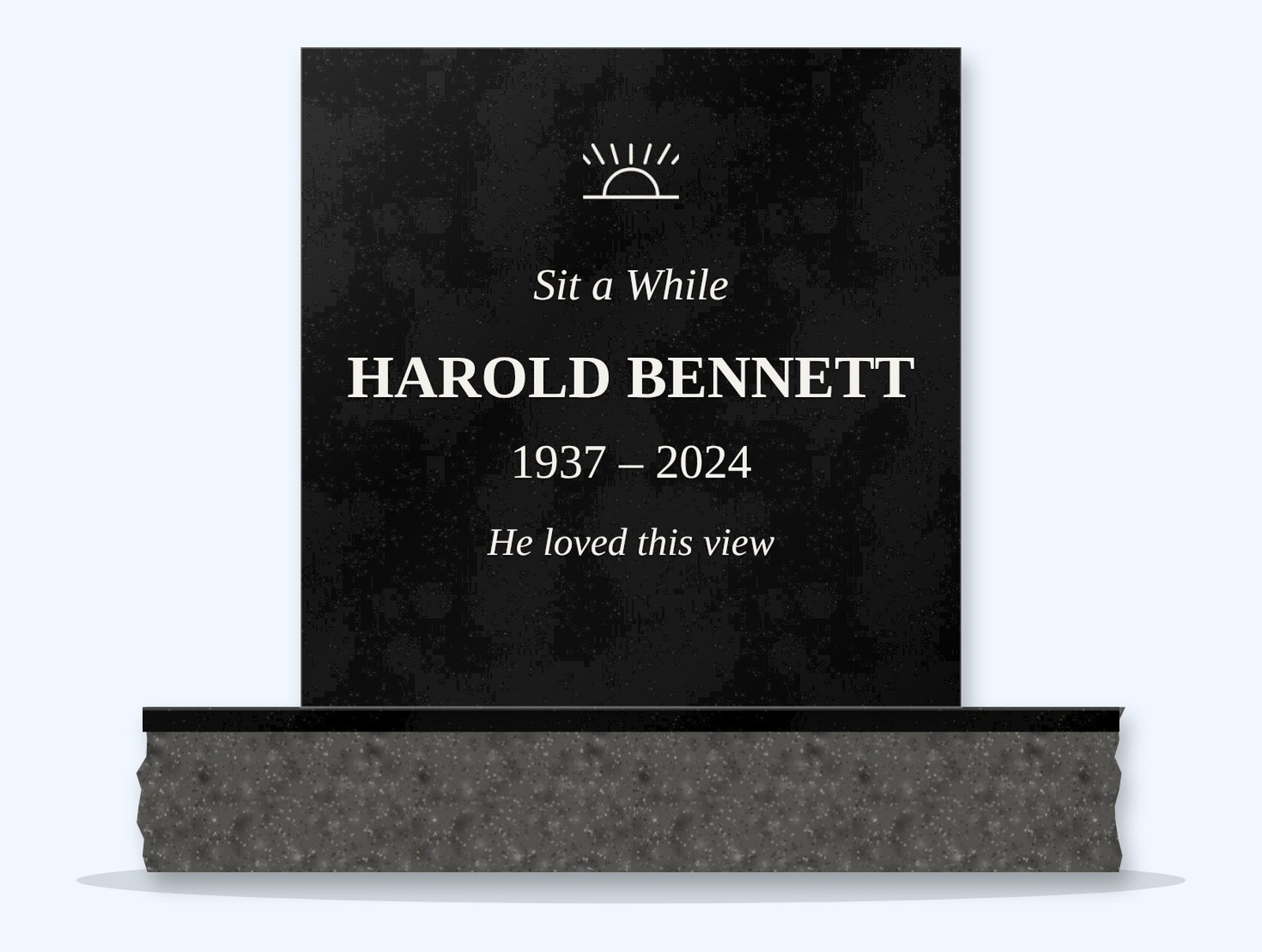Absolute Black square headstone on a granite base, engraved for Harold Bennett