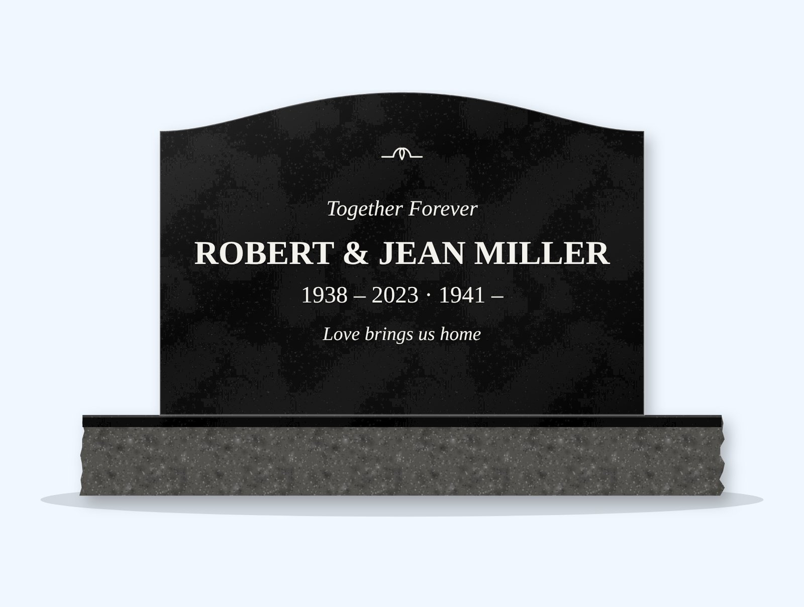 Absolute Black serpentine headstone on a granite base, engraved for Robert & Jean Miller