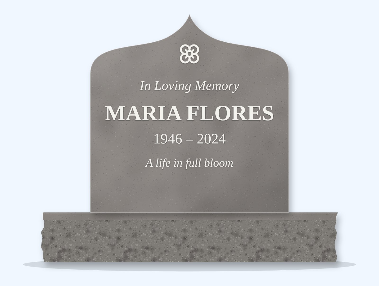 Indian Grey ogee headstone on a granite base, engraved for Maria Flores