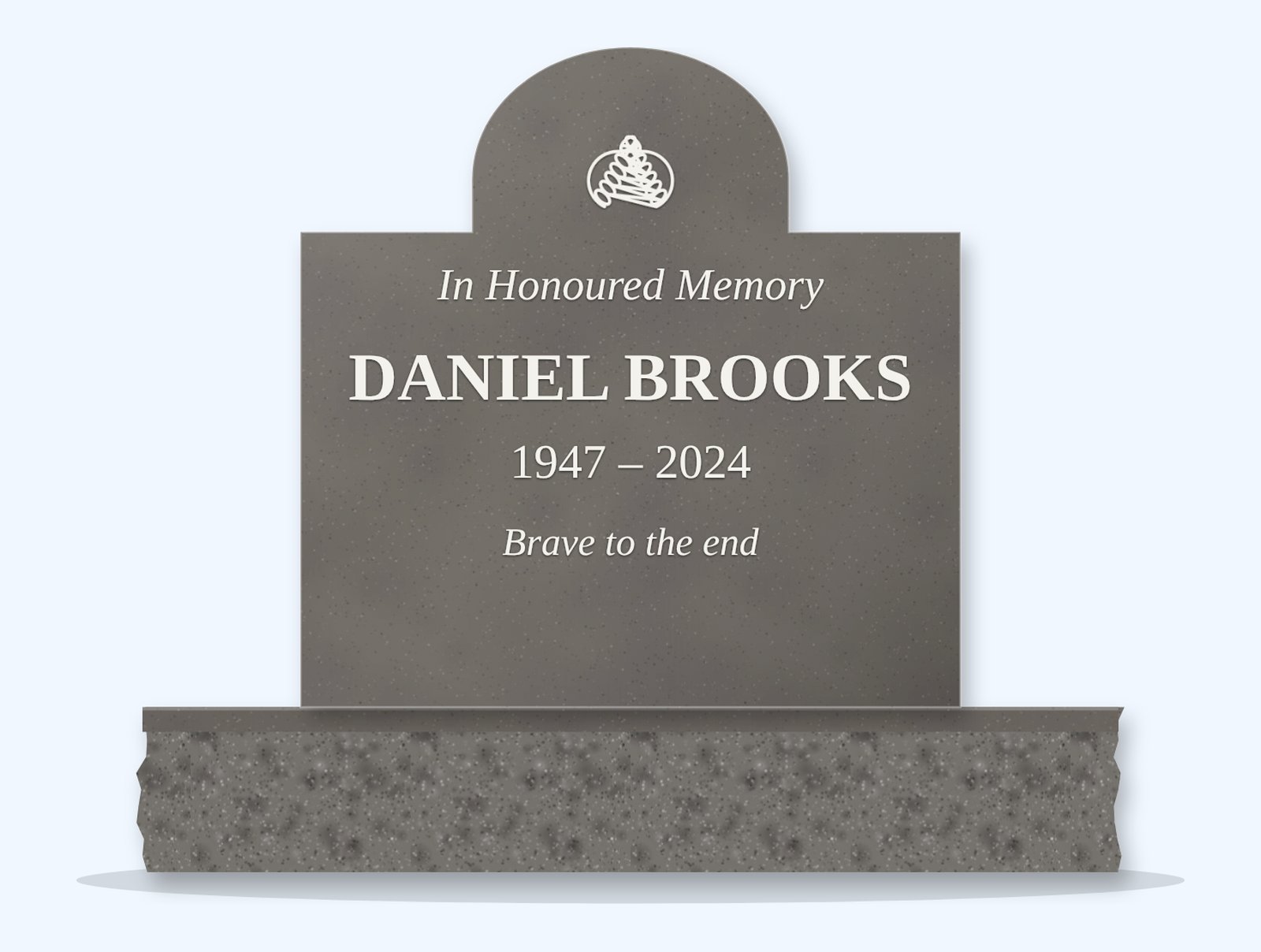 Steel Grey cathedral headstone on a granite base, engraved for Daniel Brooks
