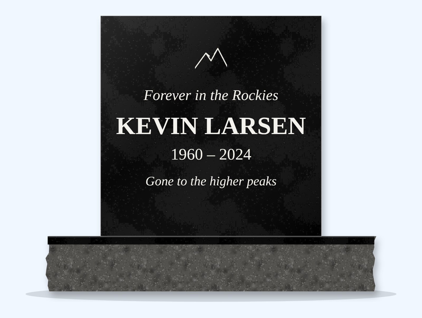 Absolute Black square headstone on a granite base, engraved for Kevin Larsen