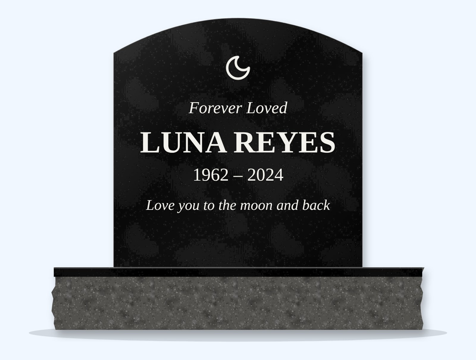 Absolute Black curved-top headstone on a granite base, engraved for Luna Reyes