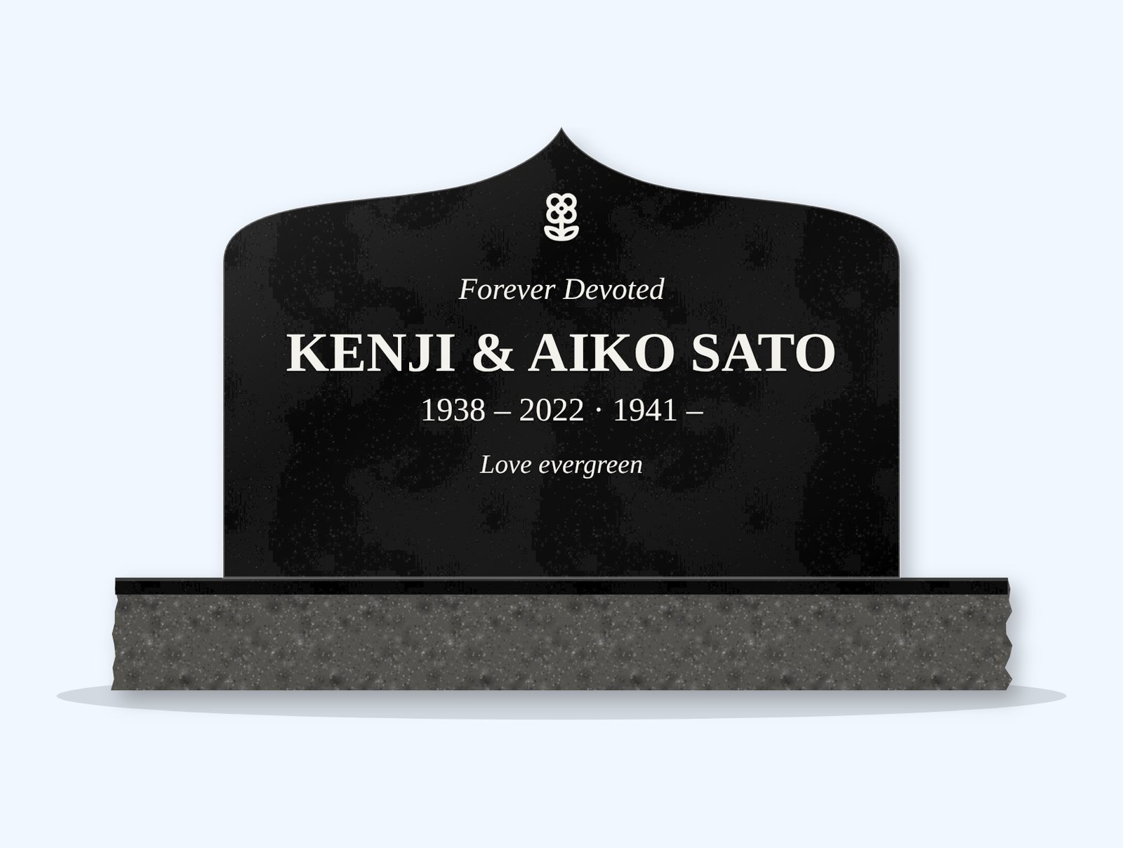 Absolute Black ogee headstone on a granite base, engraved for Kenji & Aiko Sato