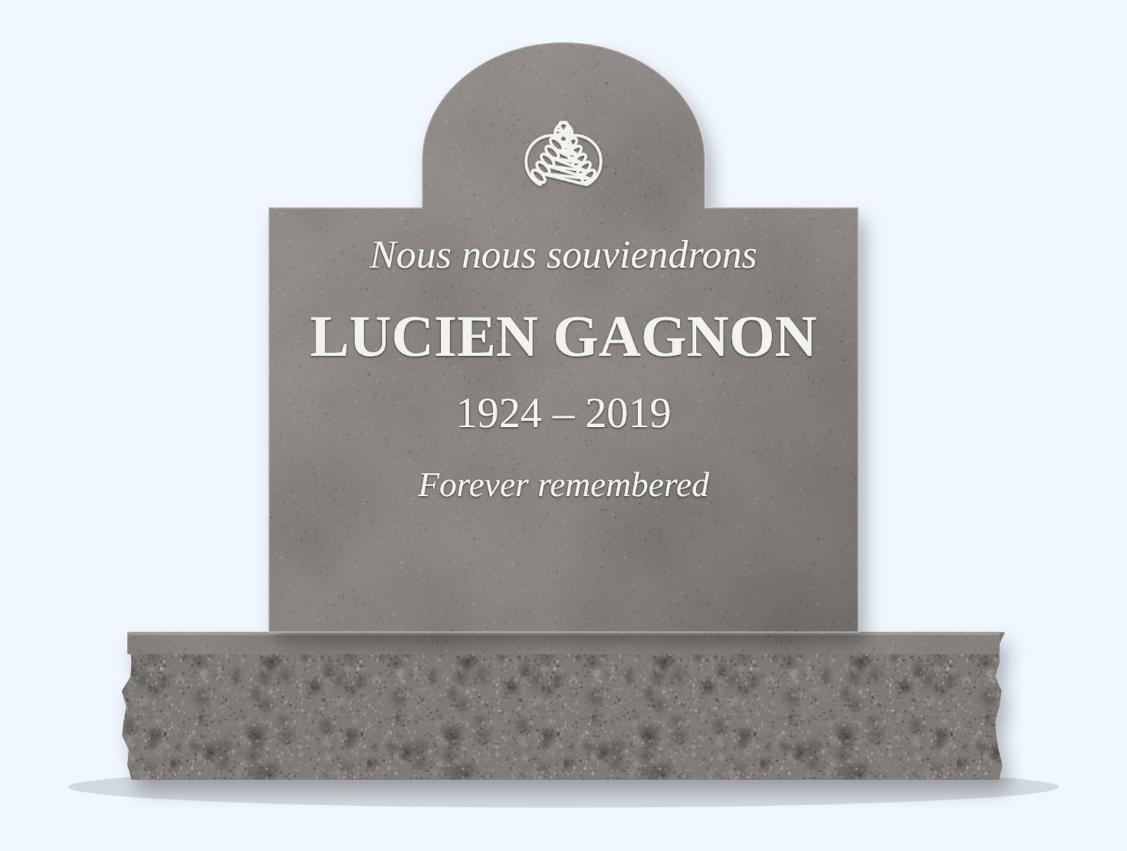 Indian Grey cathedral headstone on a granite base, engraved for Lucien Gagnon