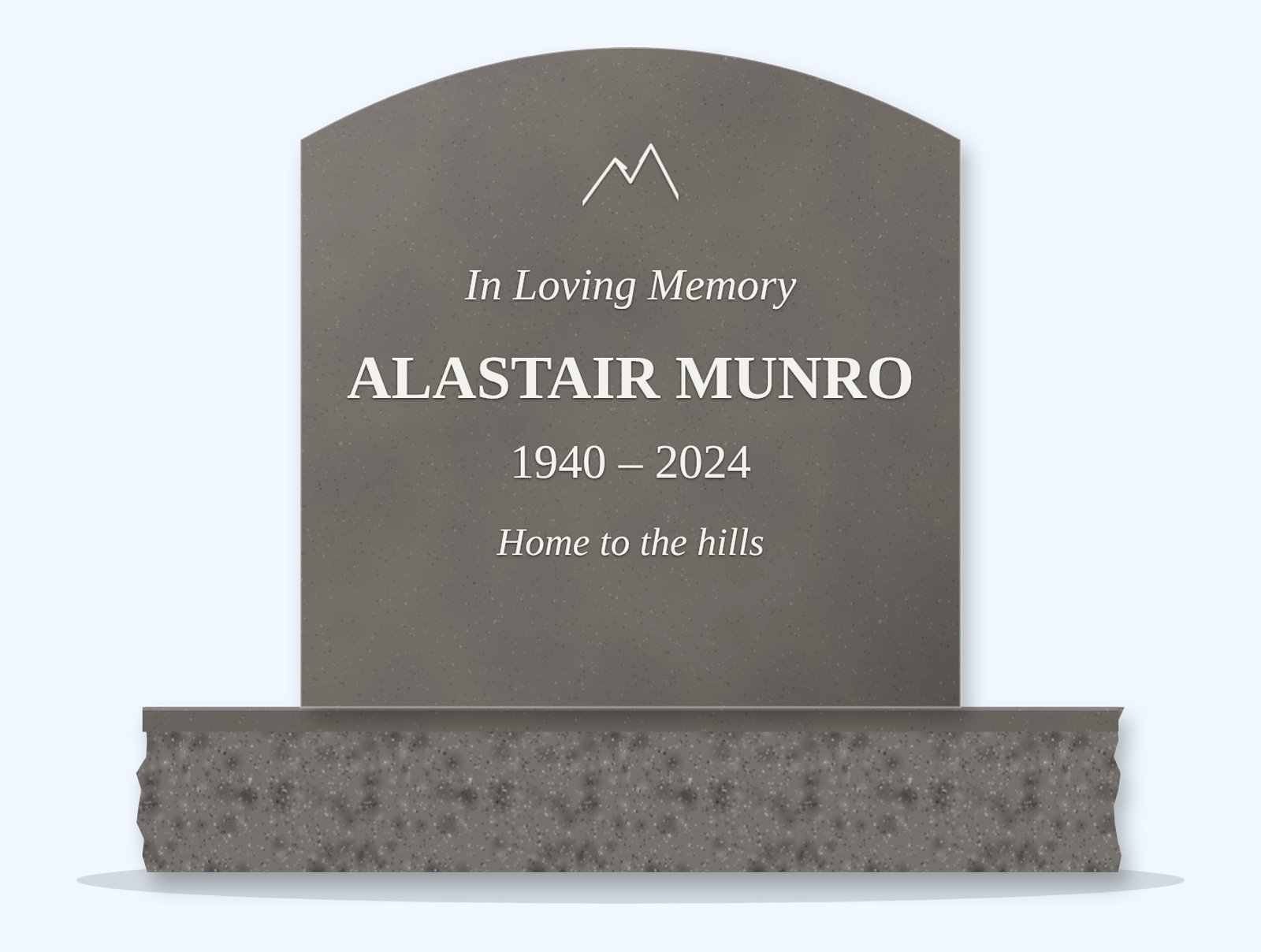 Steel Grey curved-top headstone on a granite base, engraved for Alastair Munro