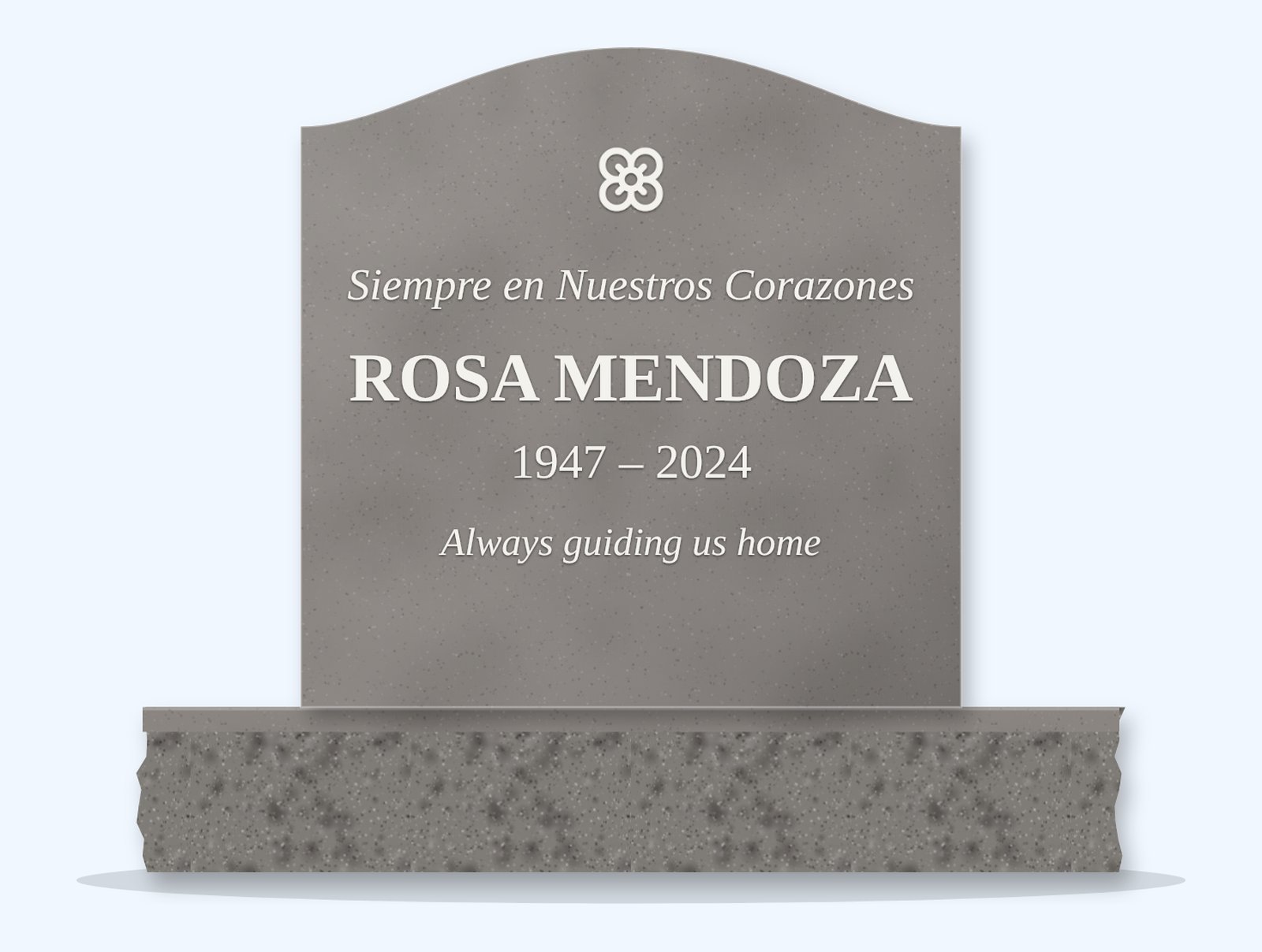 Indian Grey serpentine headstone on a granite base, engraved for Rosa Mendoza