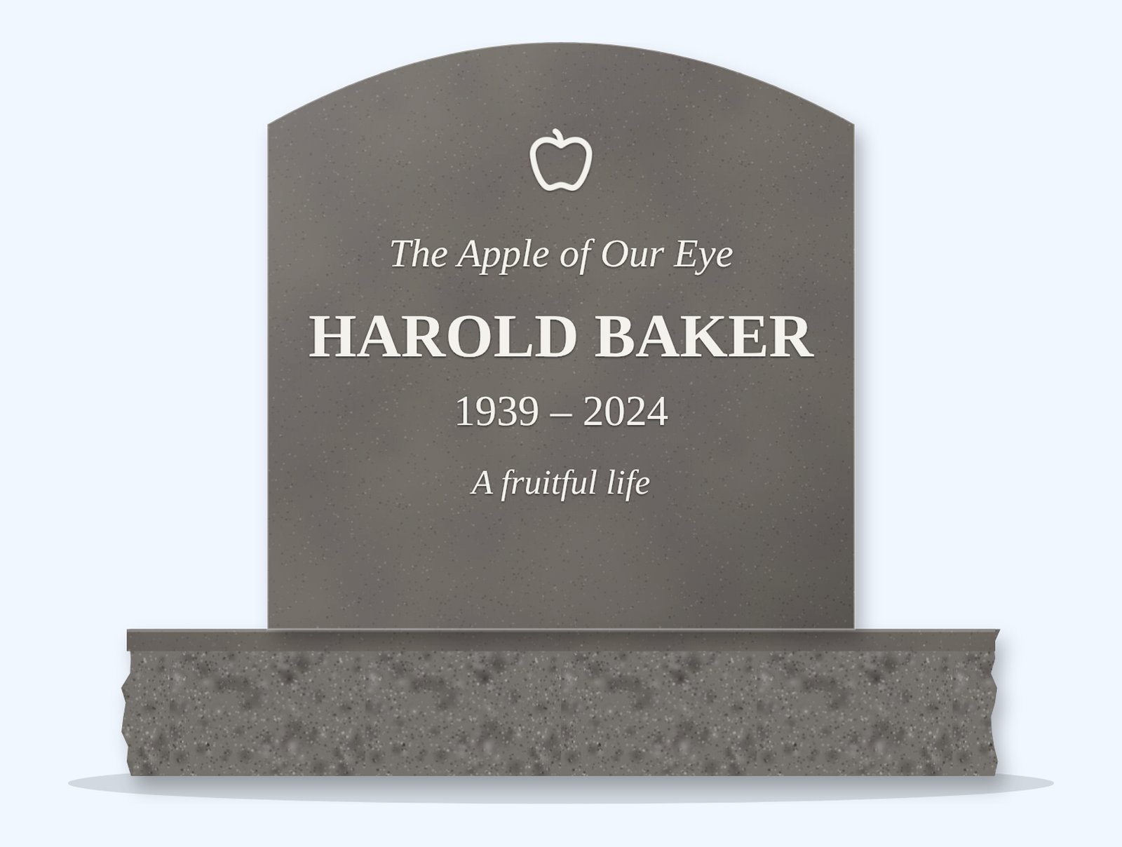 Steel Grey curved-top headstone on a granite base, engraved for Harold Baker