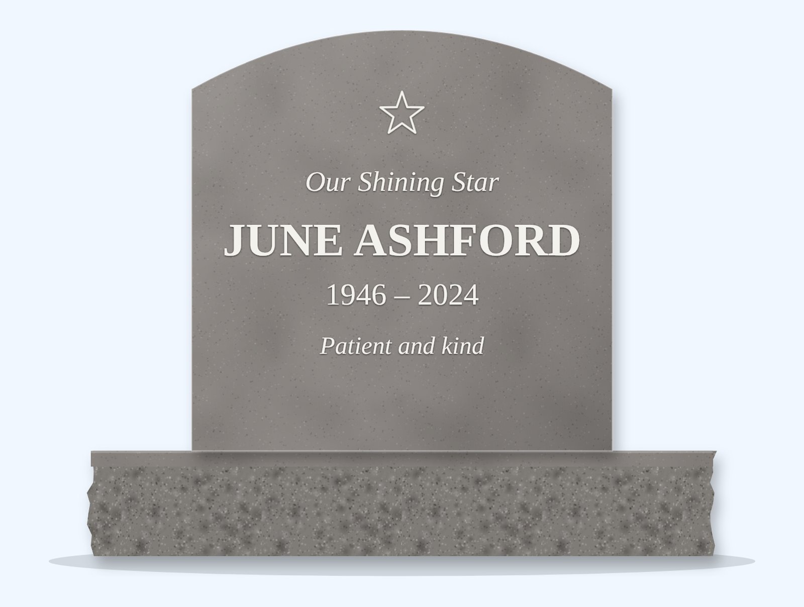 Indian Grey curved-top headstone on a granite base, engraved for June Ashford