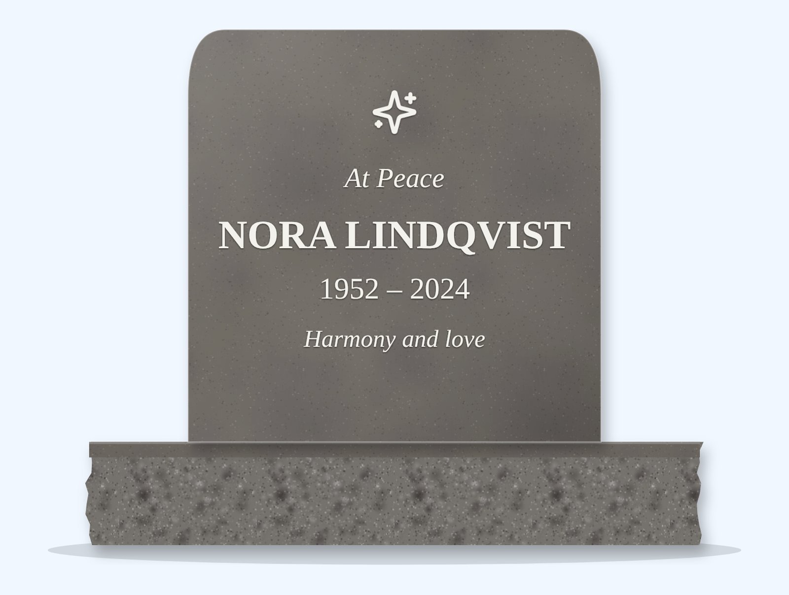 Steel Grey rounded headstone on a granite base, engraved for Nora Lindqvist