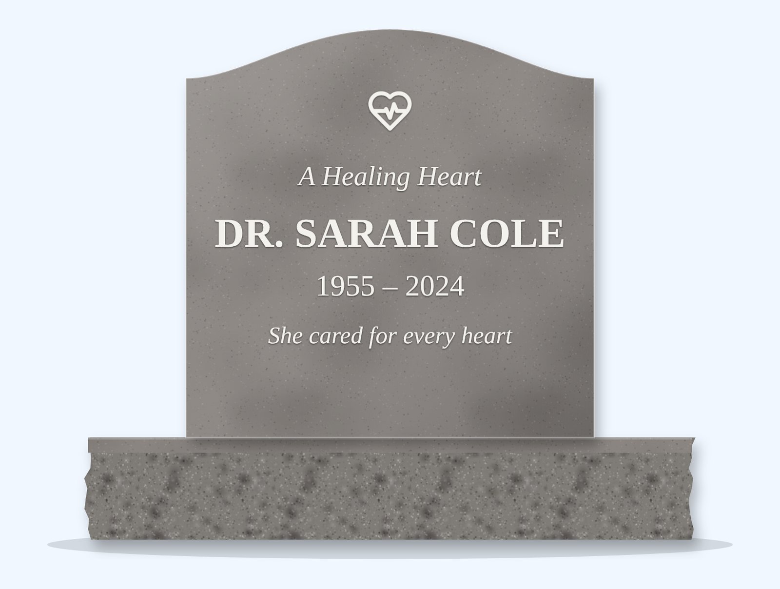 Indian Grey serpentine headstone on a granite base, engraved for Dr. Sarah Cole