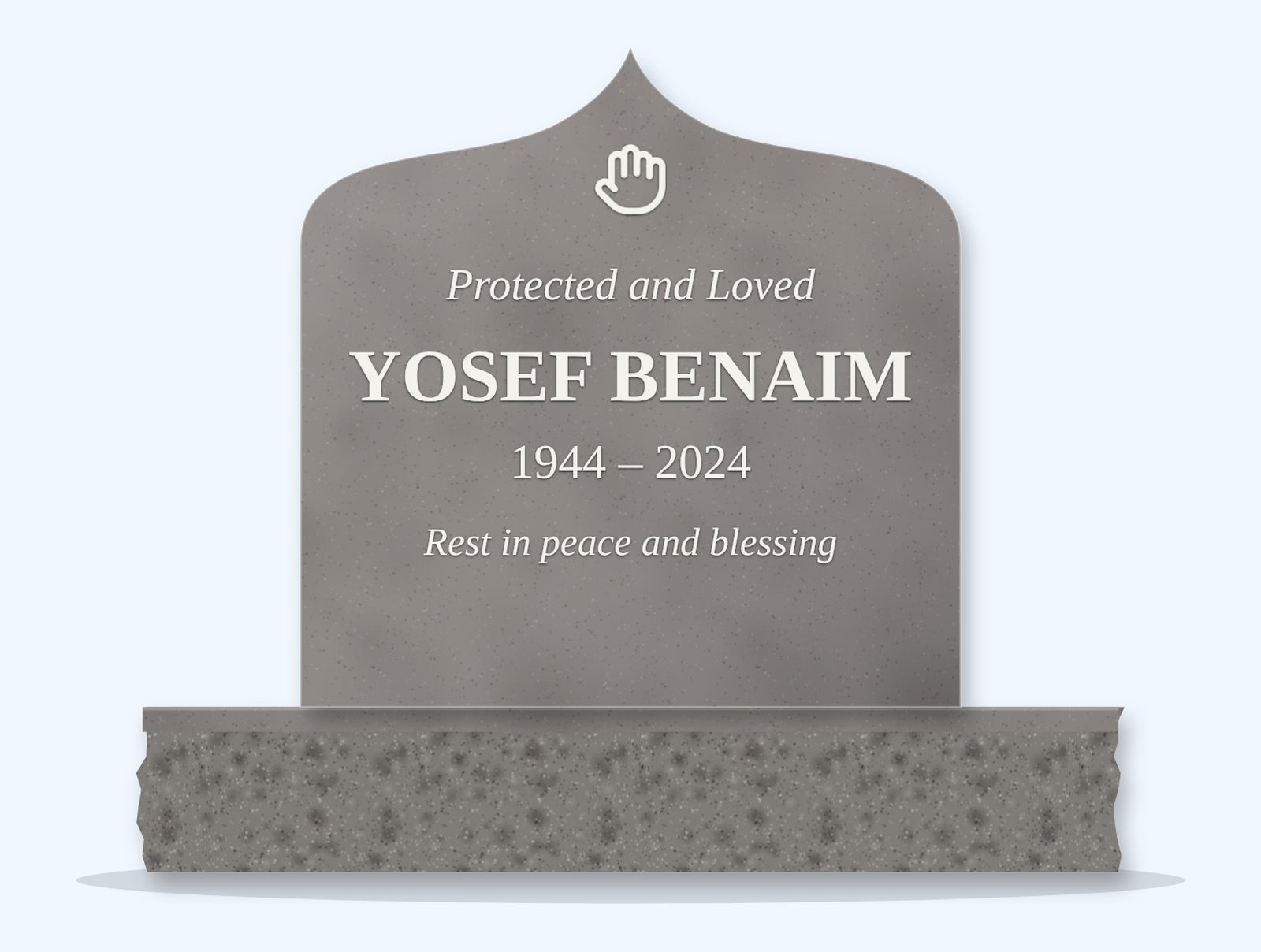 Indian Grey ogee headstone on a granite base, engraved for Yosef Benaim
