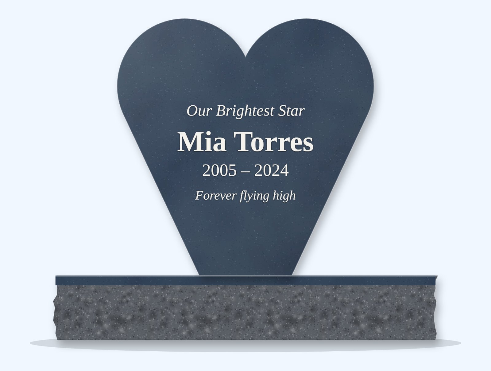 Blue Pearl heart-shaped headstone on a granite base, engraved for Mia Torres