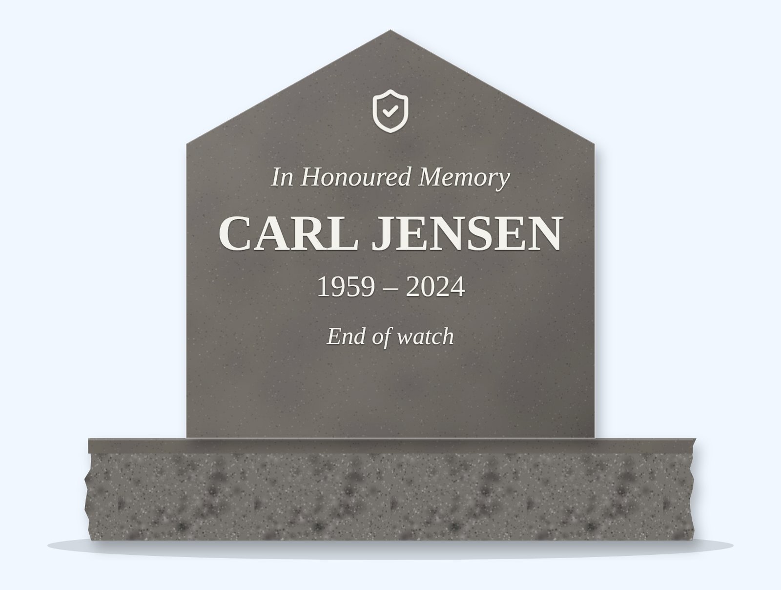 Steel Grey gable headstone on a granite base, engraved for Carl Jensen