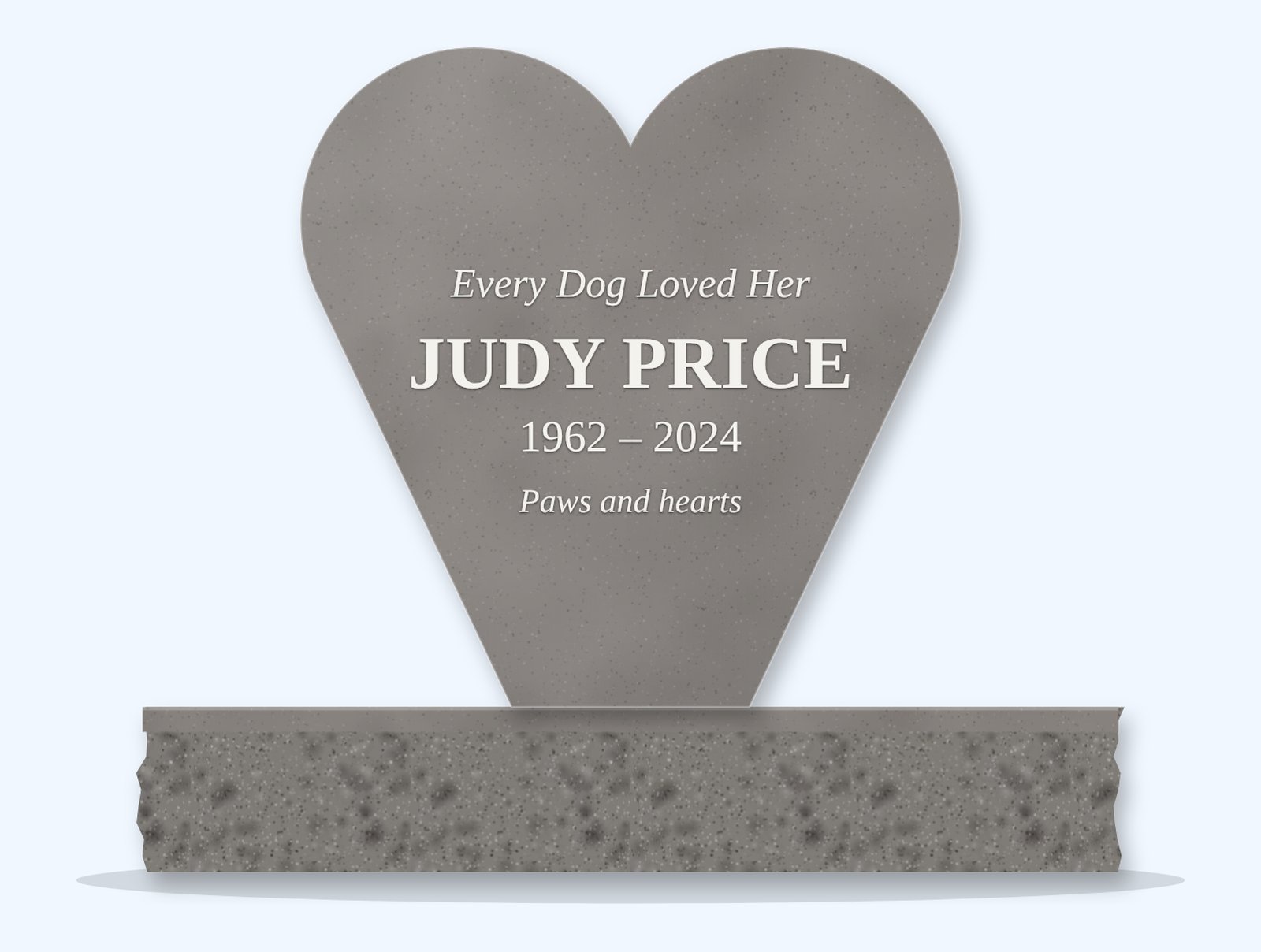 Indian Grey heart-shaped headstone on a granite base, engraved for Judy Price