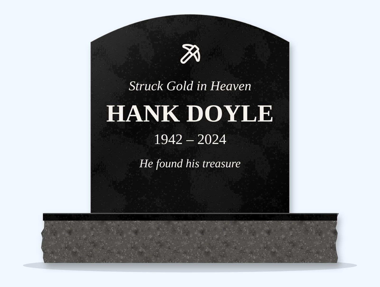 Absolute Black curved-top headstone on a granite base, engraved for Hank Doyle