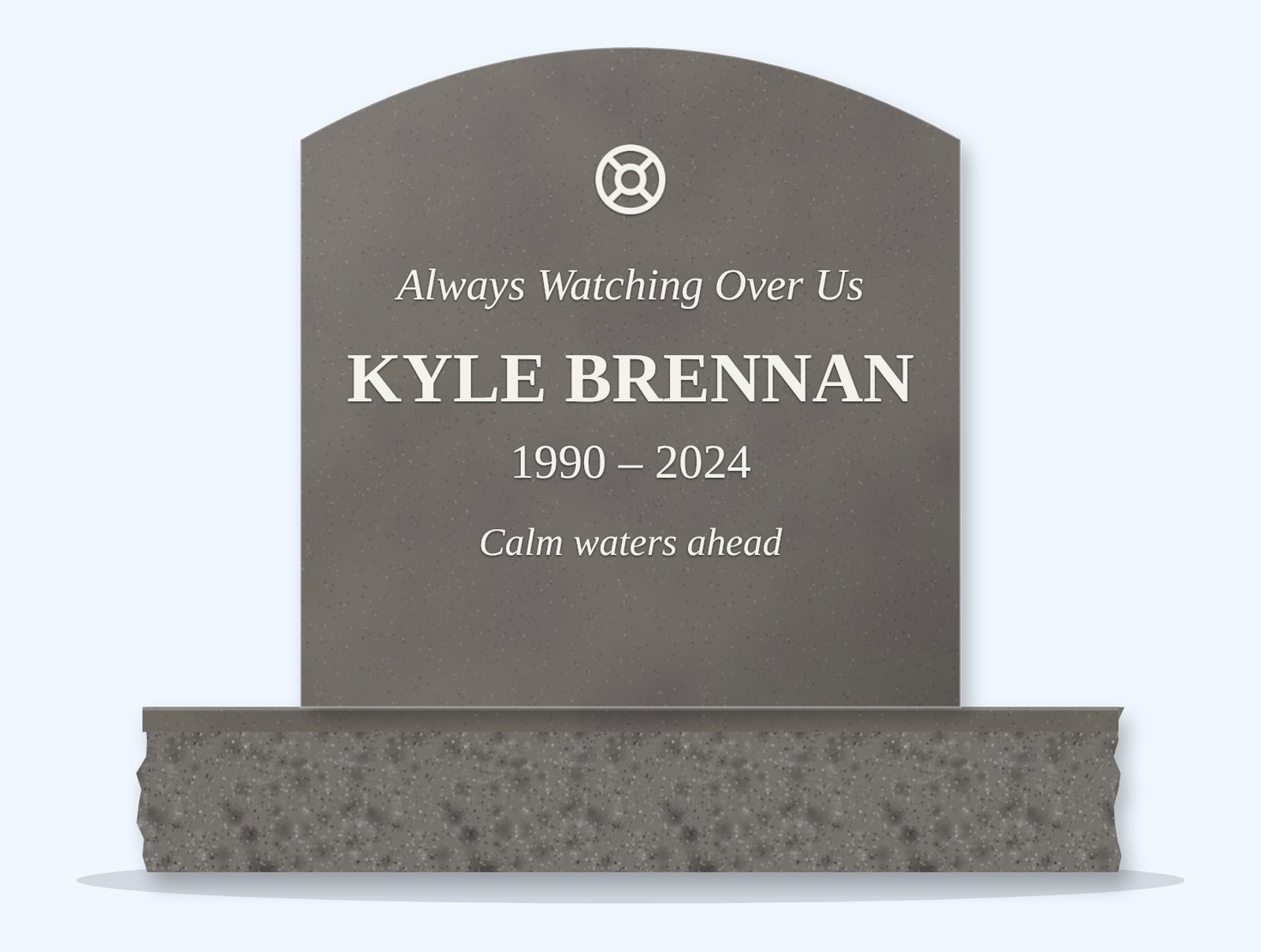 Steel Grey curved-top headstone on a granite base, engraved for Kyle Brennan