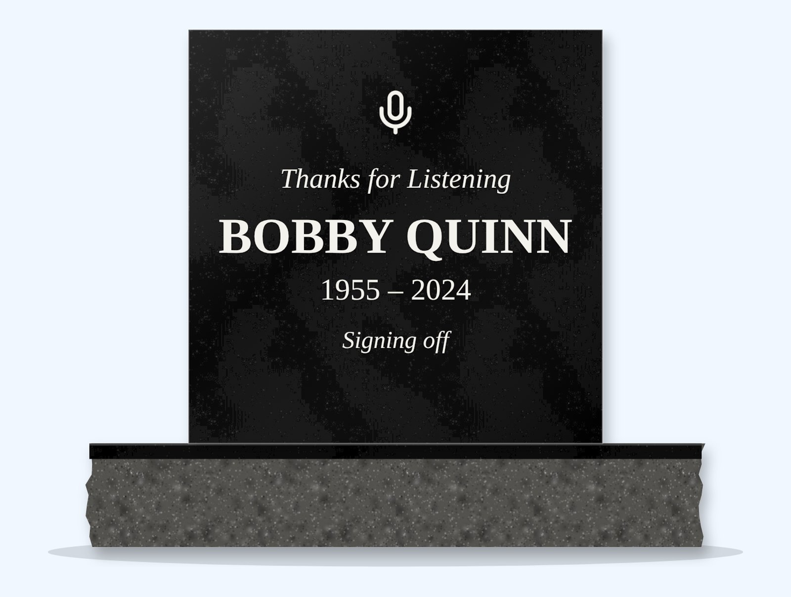 Absolute Black square headstone on a granite base, engraved for Bobby Quinn