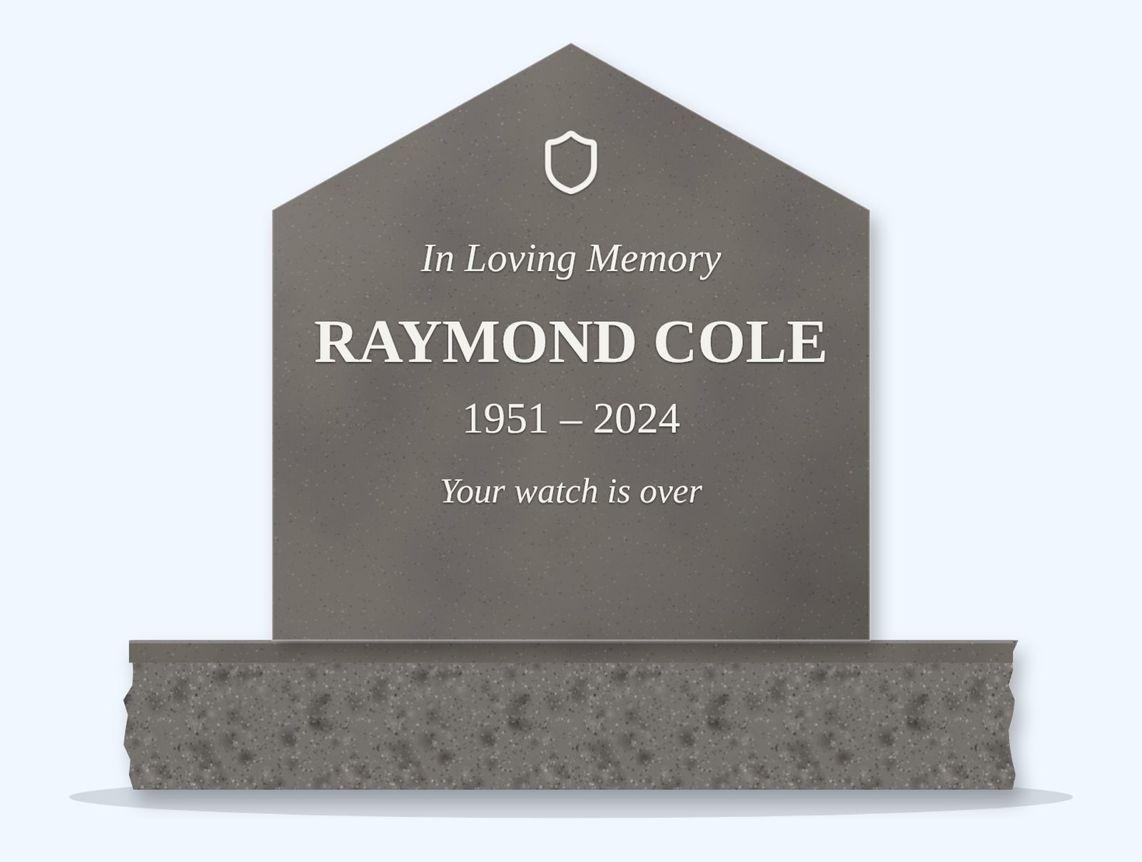 Steel Grey gable headstone on a granite base, engraved for Raymond Cole
