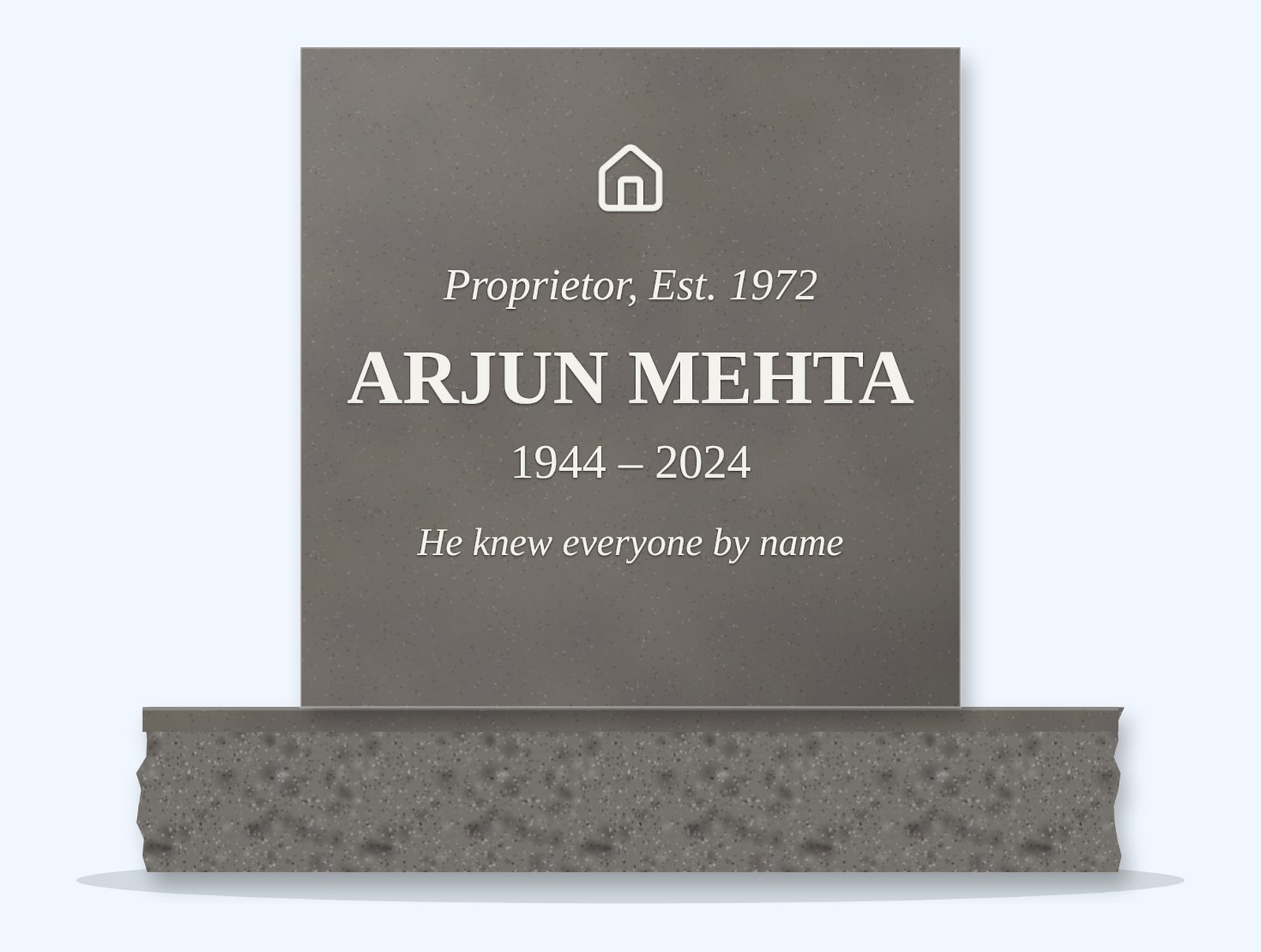 Steel Grey square headstone on a granite base, engraved for Arjun Mehta