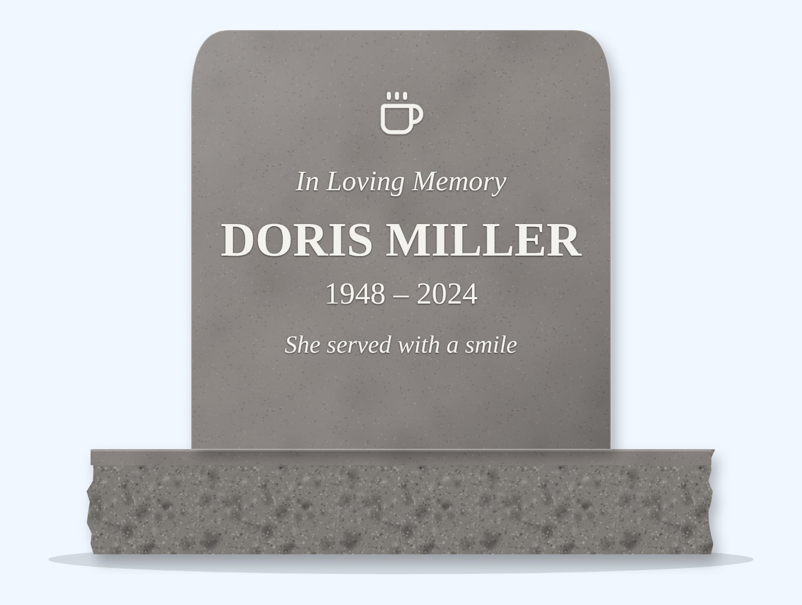 Indian Grey rounded headstone on a granite base, engraved for Doris Miller